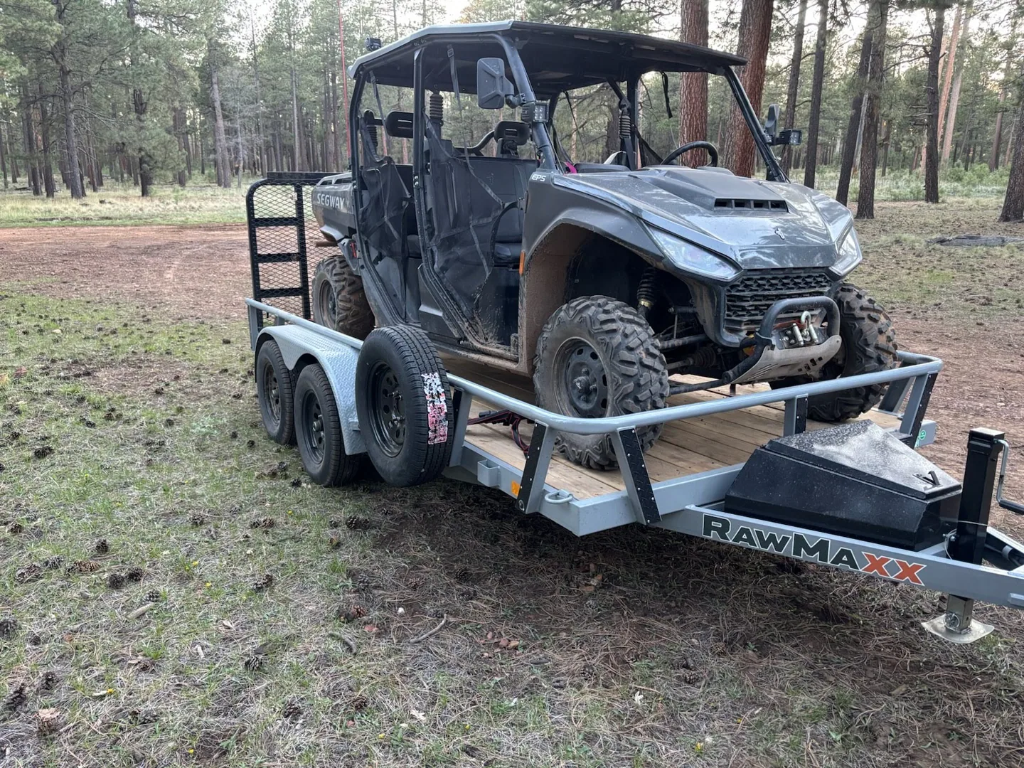 Customer photo: a Segway side-by-side loaded on the RawMaxx UTX utility trailer